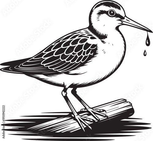 A delicate shorebird with a long beak standing on a log with a water droplet falling