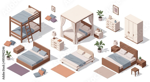 Collection of isometric bedroom furniture and decor elements.