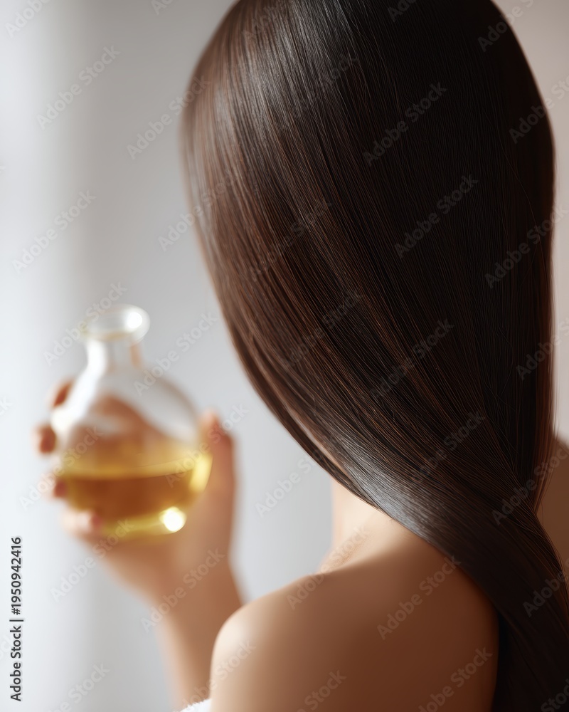 Fototapeta premium Young woman applying oil onto hair at home, beauty treatment concept