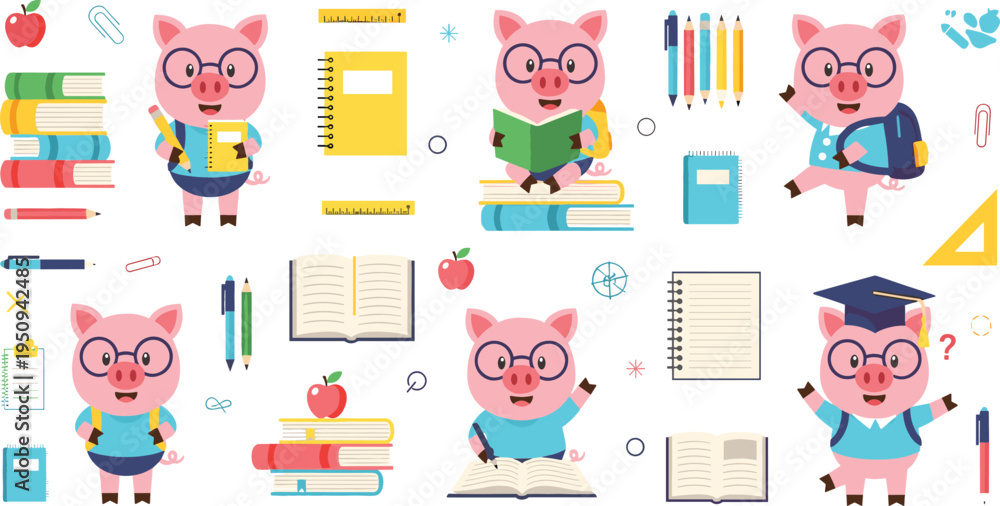 Fototapeta premium Cute Pig Student Cartoon Character School Education Set with Books Backpack Glasses Notebooks Pencils and Learning Elements Vector Illustration Collection