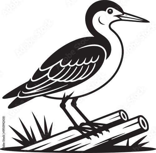 A wading bird with a long beak and dark markings stands gracefully on two parallel logs