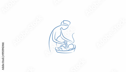 Newborn baby care, nurse bathing infant in basin, medical assistance, healthcare concept, line art