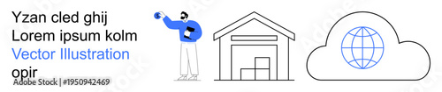 Logistics, cloud storage, global connectivity, networking, inventory management, data transfer. Individual holding a package, a warehouse and a cloud with a globe. Logistics and cloud storage