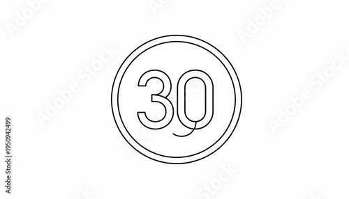 Number 30 in a Circle Icon, Simple Line Art, Minimalist Design, Isolated on White