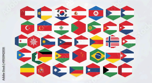 A colorful and extensive array of international flags creatively arranged in a repeating hexagonal pattern, symbolizing global unity, cultural diversity, and international cooperation