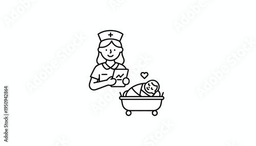 Nurse caring for newborn baby in bathtub, medical checkup, healthcare concept line art icon