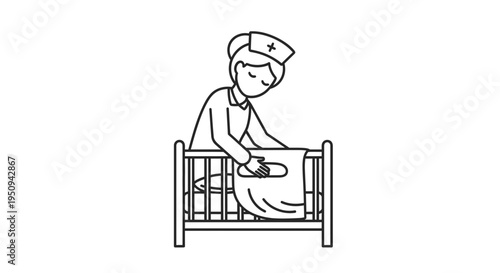 Nurse Caring for Baby in Crib, Newborn Care, Medical Assistance, Gentle Touch, Healthcare Icon
