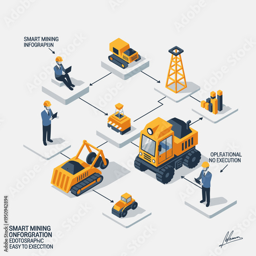 Isometric illustration of smart mining operations, showcasing data integration, operational execution, and various mining equipment.