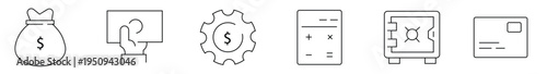 Financial tools security icons, dollar money bag, payment hand, money gear settings, calculator, bank safe vault, credit card, electronic transaction.