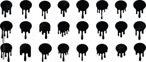 A grid of 25 black inkblot or paint drip icons on a white background