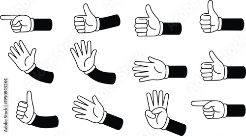 Collection of cartoon hand gesture icons featuring pointing finger thumbs up open palm counting and directional signs isolated vector set for communication design