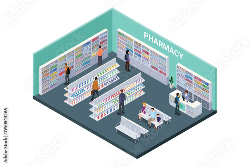 Isometric Pharmacy Interior Vector Illustration