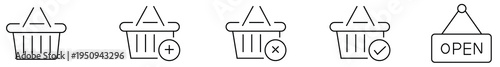 Shopping basket icons, retail commerce cart, add to basket plus, remove delete cross, checkout check mark, store open sign, marketplace buy symbols.