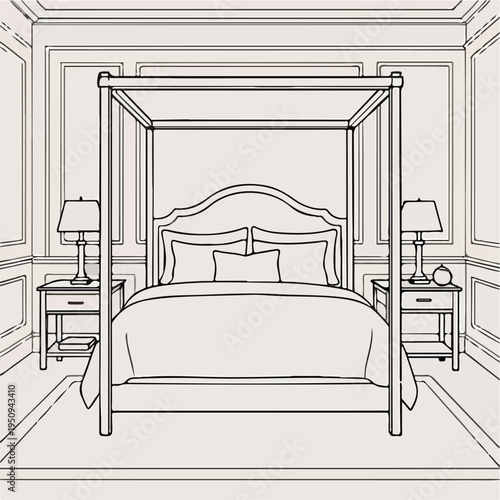 Elegant four-poster bed sketch in a lavish bedroom interior with detailed architectural paneling and classic nightstands with lamps.