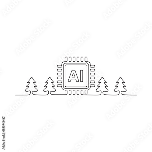 Artificial intelligence integrating with nature a minimalist line art depiction