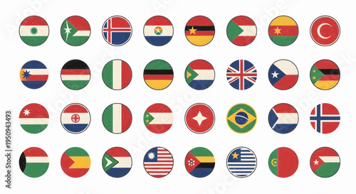 A vibrant collection of circular flag icons symbolizing diverse countries and global unity, perfect for international representation and cultural exchange designs