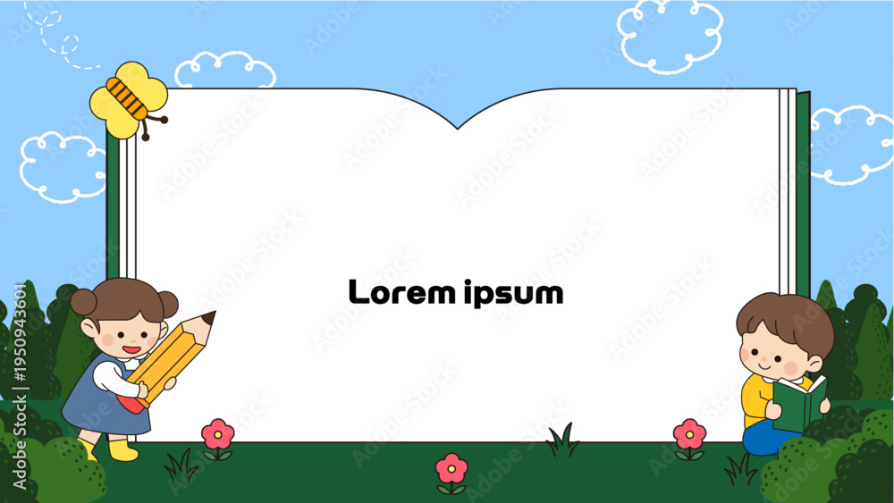 Fototapeta premium Educational background template featuring cute children reading and writing around a giant open book with copy space in a cheerful flat vector cartoon style.