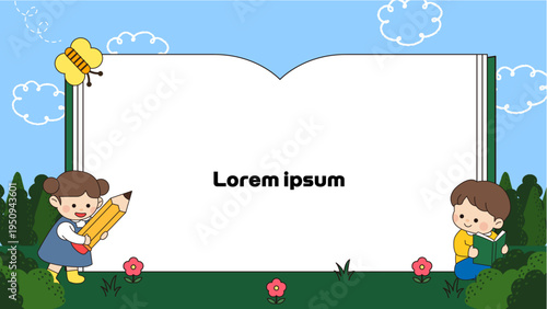 Educational background template featuring cute children reading and writing around a giant open book with copy space in a cheerful flat vector cartoon style.