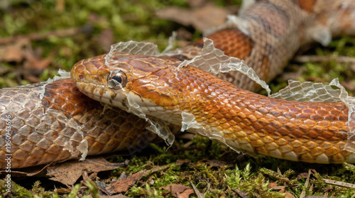 Corn snake shed skin reptile closeup orange scale detail forest moss ground nature wildlife