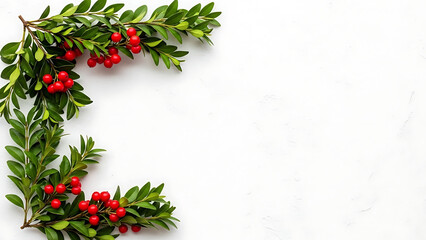 Lush green branches with vibrant red berries forming a festive corner border against a textured white backdrop, ideal for seasonal greetings and holiday celebrations