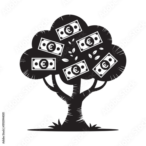 A stylized tree with money growing instead of leaves in black and white