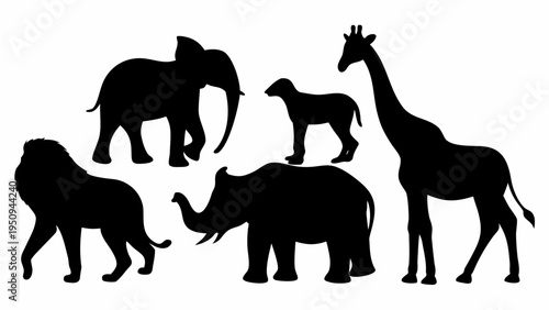 Black silhouettes of safari animals wild collection elephant giraffe lion rhinoceros on white background