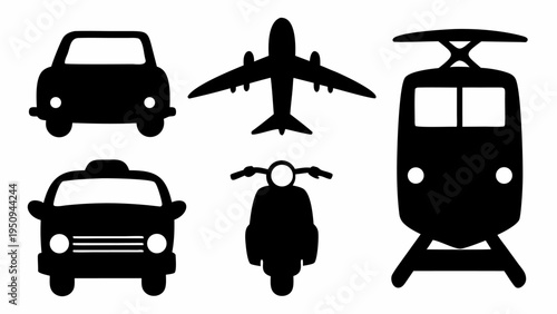 Black silhouette vector icons of various transportation modes on white background