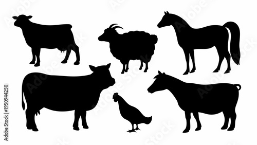 Black silhouette vector set of farm animals including cow goat horse chicken and donkey on white background