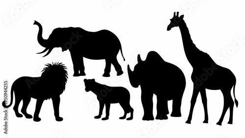Black silhouettes of wild safari animals on white background lion elephant giraffe rhino and hyena vector collection