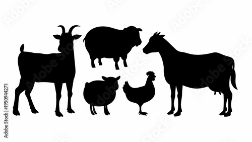 Black silhouettes of farm animals goat sheep cow chicken and pig on white background vector illustration