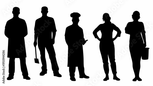 Diverse people in various professions standing in black silhouettes on white background