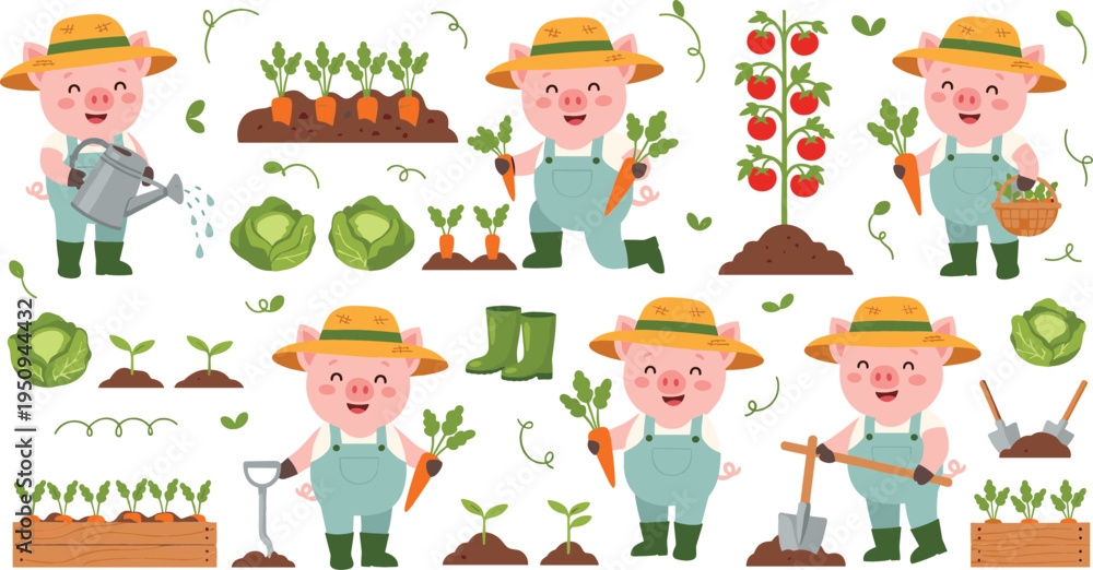 Fototapeta premium Cute Pig Farmer Characters Gardening Vegetable Farming Set with Carrots Cabbage Tomato Plants Tools Watering Can and Harvest Basket Vector Illustration