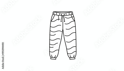 Black and white line drawing of casual jogger pants with wavy pattern
