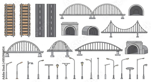 Collection of Bridges Tunnels Roads and Streetlights Icons.