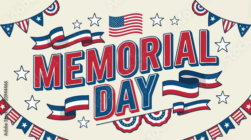 Memorial Day festive typography with bunting and stars