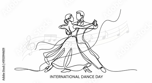 Couple dancing tango on international dance day line art illustration of ballroom dance