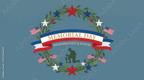 Memorial Day wreath with flags and kneeling soldier silhouette