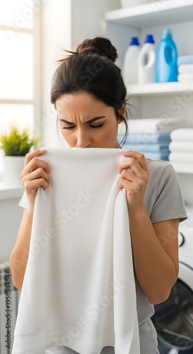 Woman carefully smells freshly laundered white fabric to check its scent