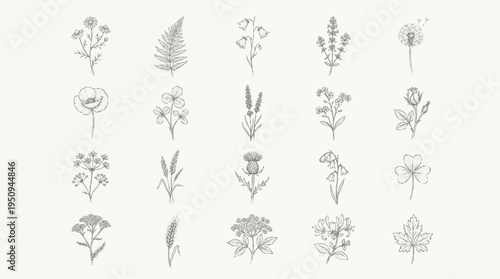 Collection of various botanical line drawings.