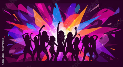 Silhouettes of young women dancing energetically against vibrant colorful background with dynamic lights