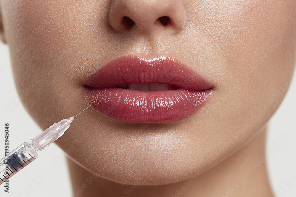 Naklejka premium Lip augmentation procedure with syringe injecting filler into glossy pink lips, close up of smooth skin and cosmetic treatment for enhanced volume and beauty