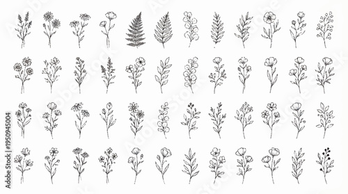 Collection of various floral illustrations and leaf designs.