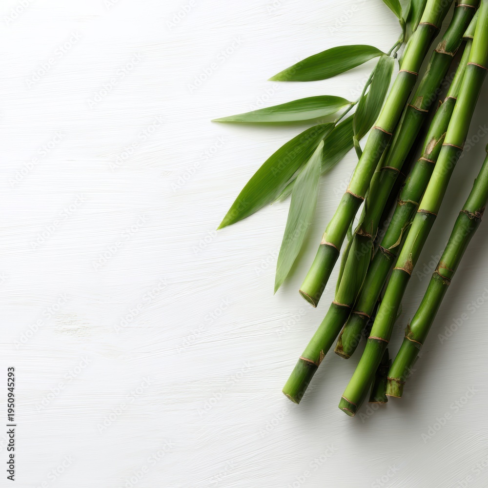 Fototapeta premium Green bamboo stems arranged on white wooden background, top view with copy space