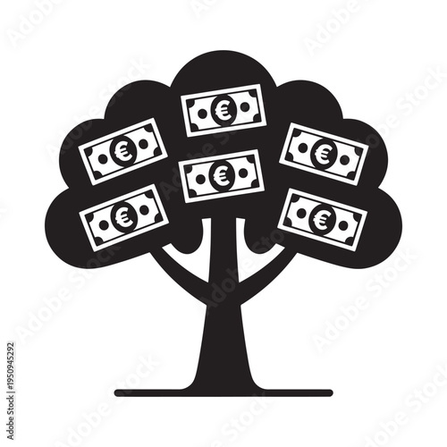 A stylized tree with euro banknotes growing as leaves symbolizing wealth