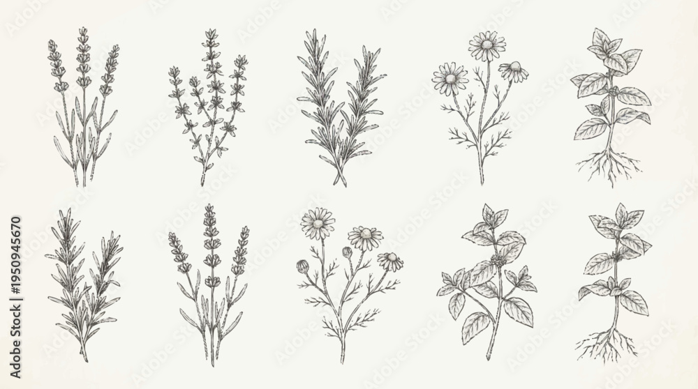 Fototapeta premium A collection of various botanical illustrations of plants and flowers.