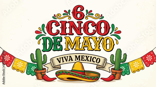 Viva Mexico Cinco de Mayo emblem with sombrero and cactus