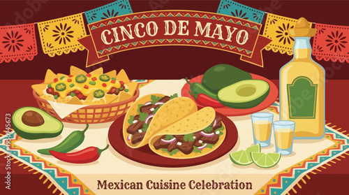 Mexican cuisine celebration with nachos tacos and tequila