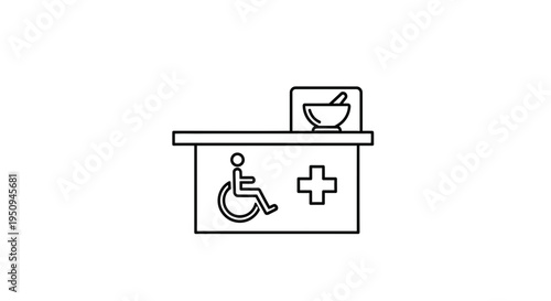 Accessible Pharmacy Counter with Mortar and Pestle, Handicap Symbol