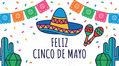 Feliz Cinco de Mayo greeting card with sombrero and maracas