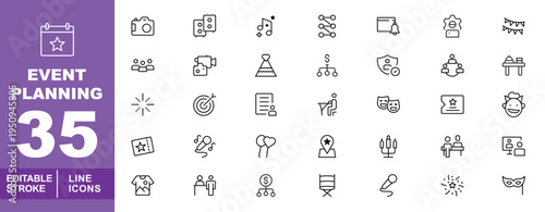 Event Planning, Corporate Presentation, and Celebration Management Line Icons. Editable stroke icons for conference organizing, business meetings, and festival planning. Featuring cameras, microphones